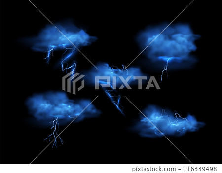 Magic vector illustration of thunder and smog on isolated black background. 116339498