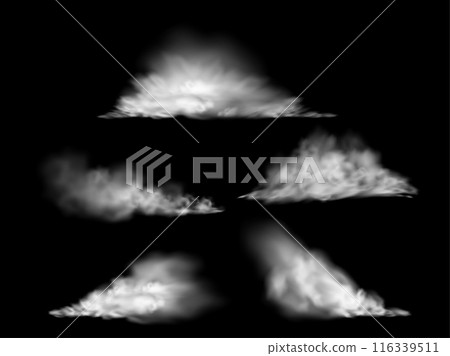 Set of mystical clouds of earthen smog and dust on an isolated black background. Set of mystical clouds of earthen smog and dust on an isolated black background. 116339511