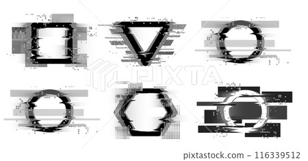 Geometric shapes in monochrome glitch style vector illustration set Geometric shapes in monochrome glitch style vector illustration set 116339512
