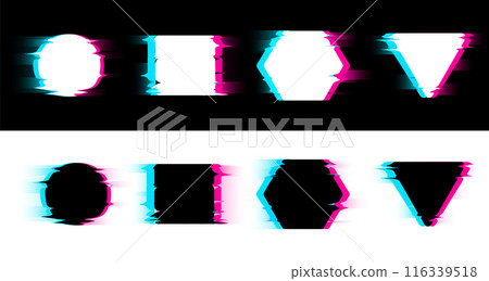 Glitch and digital noise effect of various frames vector set, distorted glitched triangle, square, circle hexagon shapes 116339518