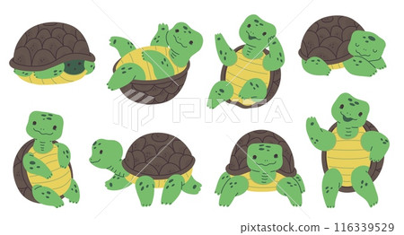 Cheerful turtles character poses vector set 116339529