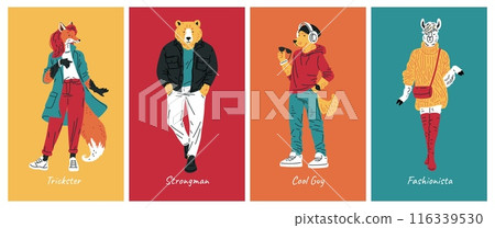 Fashionable animals in trendy outfits vector set 116339530
