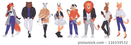 Fashionable furry animals in human clothes, vector set. 116339532