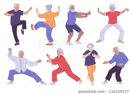 A group of elderly people in Tai Chi poses, vector set on a white background 116339537