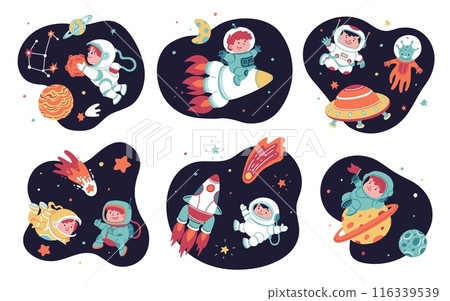Cartoon flying spaceship, astronaut kid and alien, constellation comet and planets in space vector set, galaxy adventure 116339539