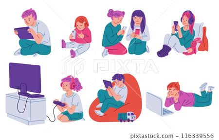 Children with gadgets. Vector illustration set. Children with gadgets. Vector illustration set. 116339556