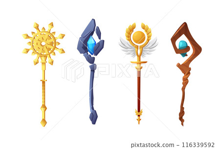 Set of different magic staff flat style, vector illustration 116339592