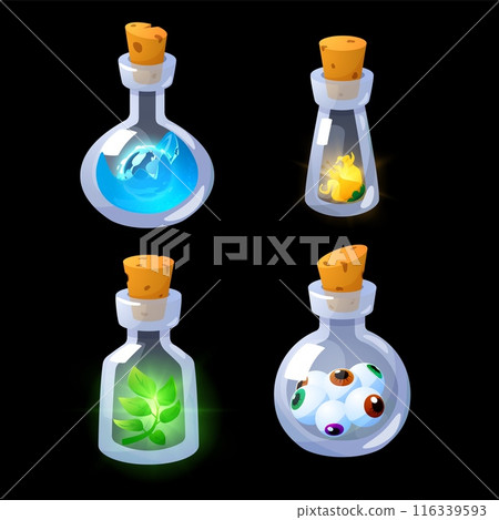 Magic potion bottles set, different shapes flasks with nature leaves, water, fire and eyes, vector gui game assets 116339593