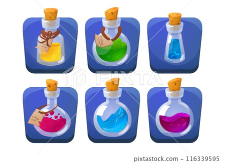 Glass bottles with potion, set of different game icons, vector on white 116339595