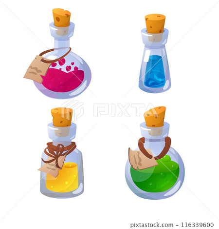 Magic potion glass bottles vector set, different shapes and fillings flasks with label and corkwood plug, game assets Magic potion glass bottles vector set, different shapes and fillings flasks with label and corkwood plug, game assets 116339600