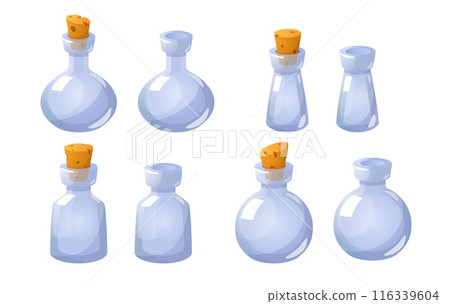 Glass potion corked and open empty bottles set. 116339604