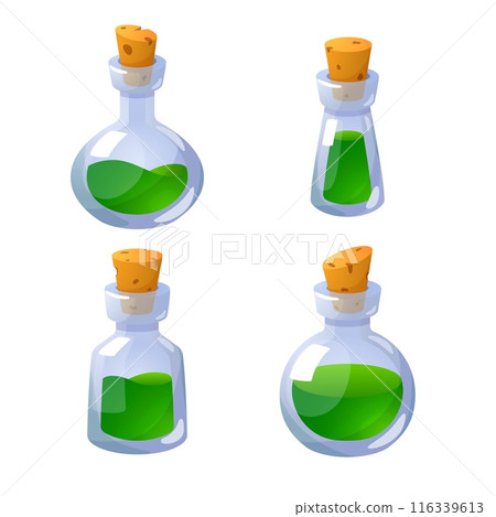 Glass bottles with green potion, set of game icons, vector on white Glass bottles with green potion, set of game icons, vector on white 116339613