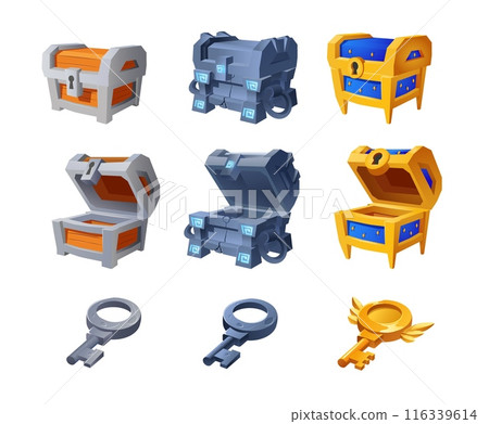Treasure chest with keys set of assets for game 3d vector illustration isolated. 116339614
