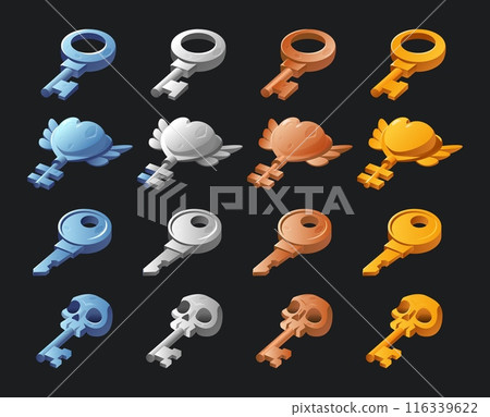 Game key different shapes and materials, fairy tale magic game ui element, password security secret interface vector set 116339622