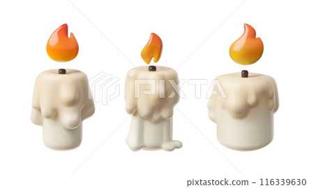 Burning candle with dripping flowing wax 3D plastic style vector set, glowing paraffin candle with fire flame accessory 116339630
