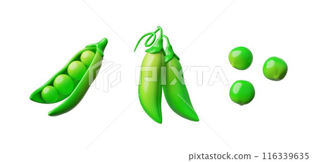 Set of 3D vectors of open and closed pea pods, as well as individual peas for design. Set of 3D vectors of open and closed pea pods, as well as individual peas for design. 116339635