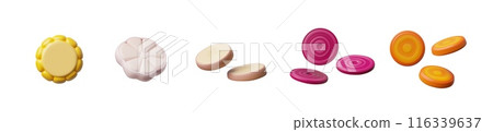 Sliced potato, beets, garlic, corn carrot 3D plastic vector icons set, glossy raw vegetable pieces, organic plant food Sliced potato, beets, garlic, corn carrot 3D plastic vector icons set, glossy raw vegetable pieces, organic plant food 116339637