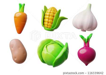 Potato, beets, garlic, corn, cabbage and carrot 3D plastic vector icons set, glossy raw whole vegetables farm plant food 116339642