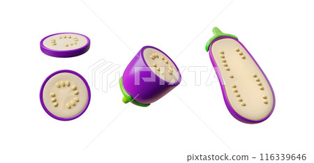 A set of eggplant in vector 3D style, with the image of whole, sliced, halves A set of eggplant in vector 3D style, with the image of whole, sliced, halves 116339646