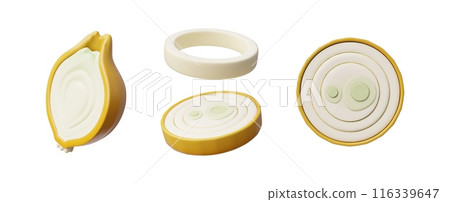 Set of vector 3D illustrations of onions in various versions: whole, halves, sliced and rings Set of vector 3D illustrations of onions in various versions: whole, halves, sliced and rings 116339647