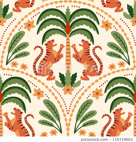 Tropical palm tree Asian tiger seamless pattern. Cute jungle damask ornament. Vector wild print for beach design 116339663