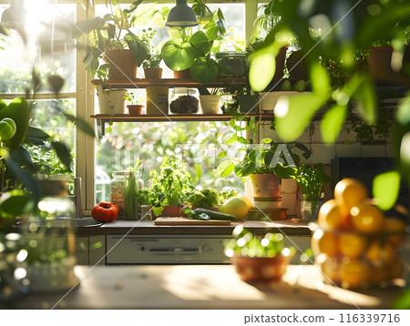 Nostalgic Kitchen Oasis: A Softly Lit Haven of Vegetables and Greenery 116339716