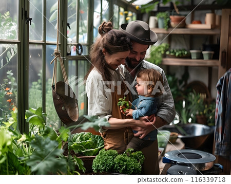 Building a Sustainable Future as a Happy Family in a green room 116339718