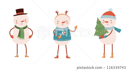 Funny snowmen set. Vector illustration of snowmen in various poses and costumes Funny snowmen set. Vector illustration of snowmen in various poses and costumes 116339743