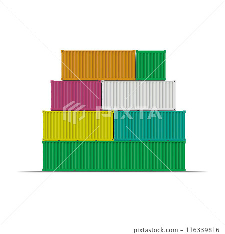 Realistic vector illustration of colorful cargo containers stacked on top of each other. 116339816