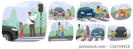 Vector Set Of Kids Learning Road Safety Rules While Crossing Street. Adults Are Guiding Kids To Ensure Safe Crossings Vector Set Of Kids Learning Road Safety Rules While Crossing Street. Adults Are Guiding Kids To Ensure Safe Crossings 116339818