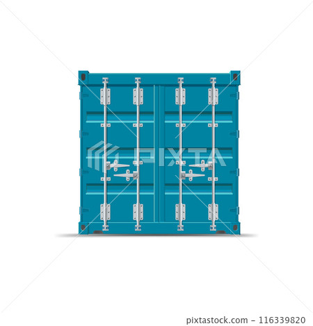 Cargo ship container vector mockup back view, blue transportation metal freight storage with closed doors lock latch Cargo ship container vector mockup back view, blue transportation metal freight storage with closed doors lock latch 116339820