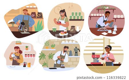 Set Of Baristas Preparing Coffee In Various Settings, Characters Performing Coffee-making Activities Like Latte Art Set Of Baristas Preparing Coffee In Various Settings, Characters Performing Coffee-making Activities Like Latte Art 116339822