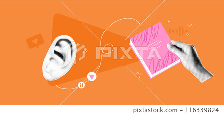 Creative concept banner with lightbulb and hand design. Collage of idea and solution elements on abstract background. Graphic art illustration for business brainstorming. 116339824