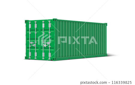 Cargo ship container vector mockup perspective view, green transportation freight storage with closed door lock latch Cargo ship container vector mockup perspective view, green transportation freight storage with closed door lock latch 116339825