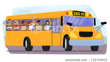 Cartoon Happy Children Characters Riding On A Yellow School Bus. Kids Smiling And Waving, Showcasing Excitement Cartoon Happy Children Characters Riding On A Yellow School Bus. Kids Smiling And Waving, Showcasing Excitement 116339832