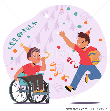 Joyful Kids Celebrating A Birthday, Including A Child In A Wheelchair, Showcasing Inclusion And Happiness, Vector Image 116339834