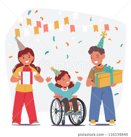Joyful Birthday Celebration Featuring Cartoon Children, One In A Wheelchair, Surrounded By Confetti And Holding Gifts 116339840