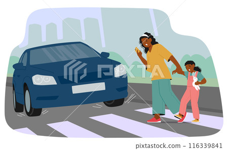 Mother And Child Crossing The Street At A Crosswalk While A Car Approaches. The Mother Holds Her Child Hand Tightly Mother And Child Crossing The Street At A Crosswalk While A Car Approaches. The Mother Holds Her Child Hand Tightly 116339841