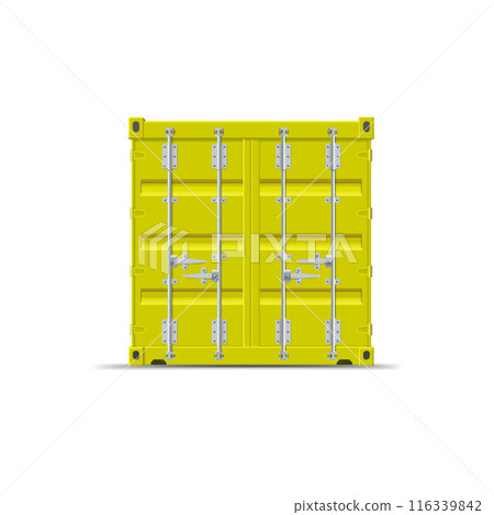 Cargo ship container vector mockup back view, yellow transportation metal freight storage with closed doors lock latch Cargo ship container vector mockup back view, yellow transportation metal freight storage with closed doors lock latch 116339842