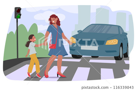 Mother And Daughter Holding Hands While Safely Crossing A Street At A Zebra Crossing, Traffic Light Green And Car Stops Mother And Daughter Holding Hands While Safely Crossing A Street At A Zebra Crossing, Traffic Light Green And Car Stops 116339843