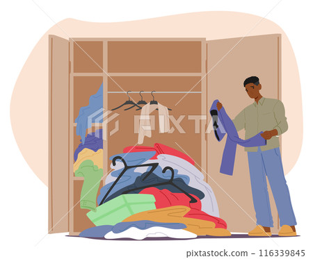 Man Organizing A Cluttered Closet Filled With Various Clothes. Cartoon Vector Concept Of Home Organization, Cleaning 116339845