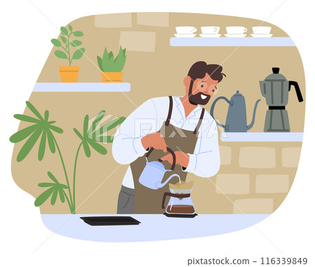 Smiling Barista Character In A Coffee Shop Preparing Pour Over Coffee, Surrounded By Coffee Equipment, Plants, And Cups 116339849