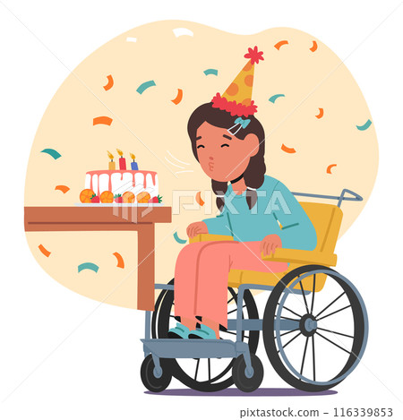 Child In A Wheelchair Celebrating Birthday. Girl Wears A Party Hat And Sits In Front Of Birthday Cake With Lit Candles 116339853