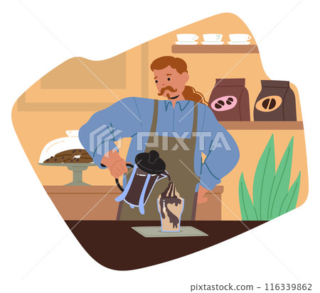 Barista Pouring Coffee Into A Glass At A Cozy Cafe. Cartoon Vector Scene Captures The Essence Of Coffee Culture 116339862
