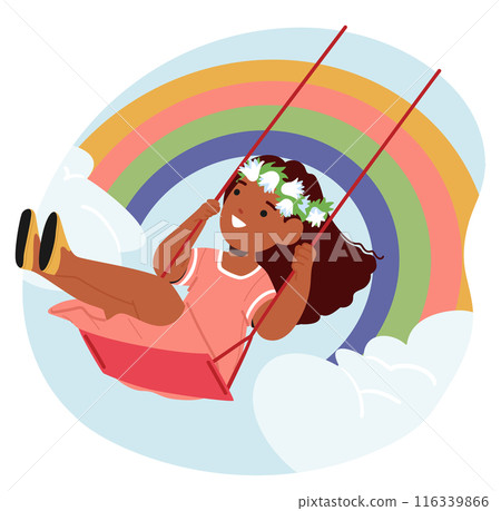 Happy Black Girl Character On A Swing With A Joyful Face Expression, Wearing A Flower Crown, And Swinging Happy Black Girl Character On A Swing With A Joyful Face Expression, Wearing A Flower Crown, And Swinging 116339866