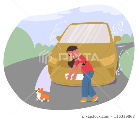 Child Saving A Small Dog From An Oncoming Car While Crossing The Street. Image Demonstrates Road Safety Child Saving A Small Dog From An Oncoming Car While Crossing The Street. Image Demonstrates Road Safety 116339868