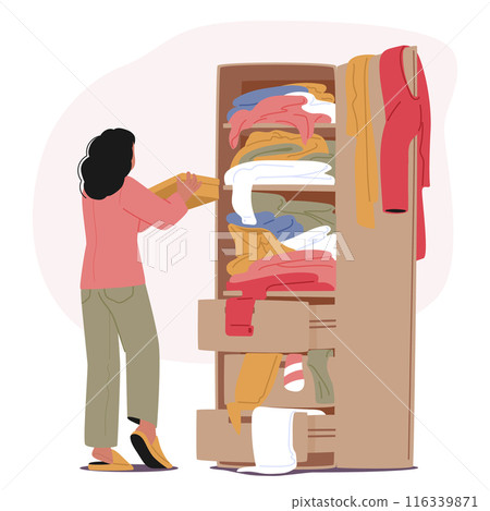 Woman Organizing Cluttered Wardrobe Filled With Various Clothes. Vector Scene Depicts A Common Household Task 116339871
