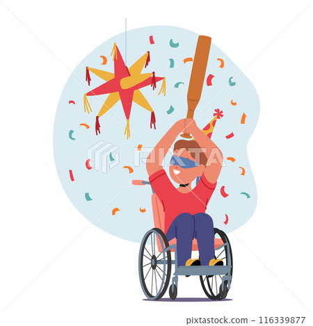 Happy Boy In A Wheelchair Celebrating Birthday Party By Hitting A Pinata, Cartoon People Vector Illustration 116339877