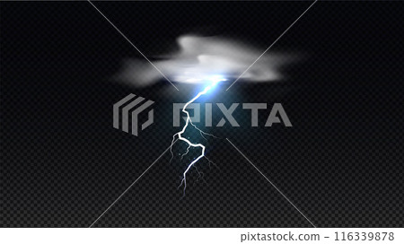 Vector graphics of a thundercloud with lightning discharge and flashes of light 116339878