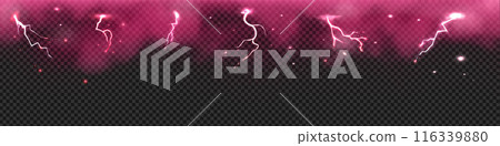 Pink thunder storm effect with lightnings vector border design, strikes with smoke, storm clouds, thunderbolt with fog 116339880